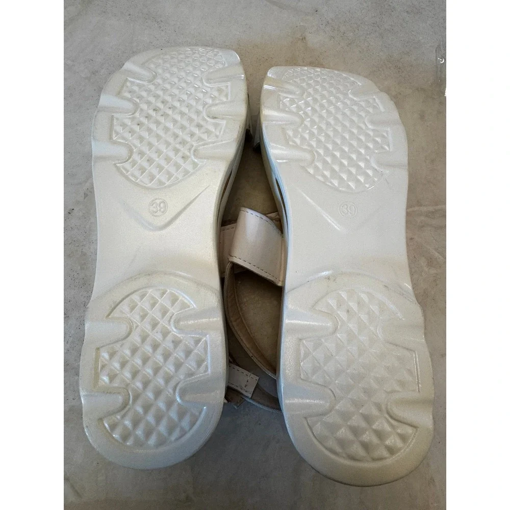 White Platform Slingback Sandals Gold Accent Double Strap Size 39